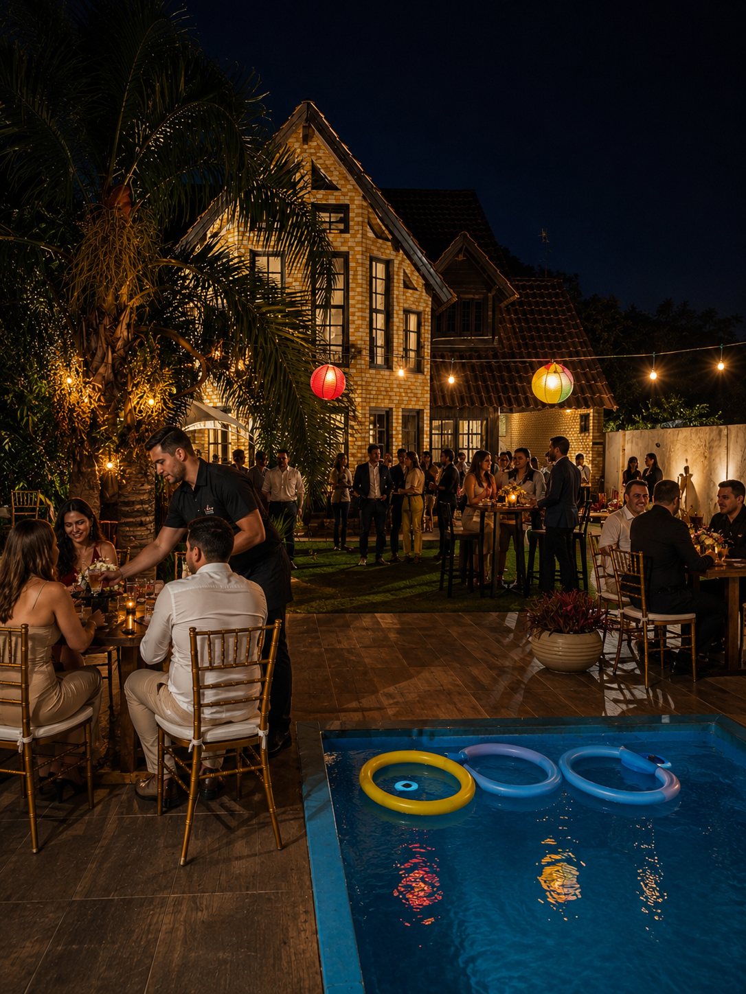 Festa de final de ano ao ar livre com mesas postas, piscina iluminada e convidados confraternizando