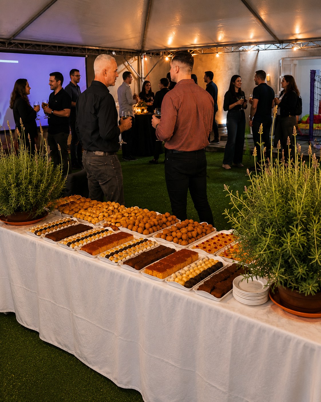 Mesa de salgados e doces em treinamento corporativo com participantes ao fundo