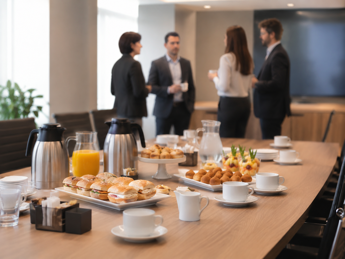 Mesa de coffee break Evínia montada para um encontro profissional