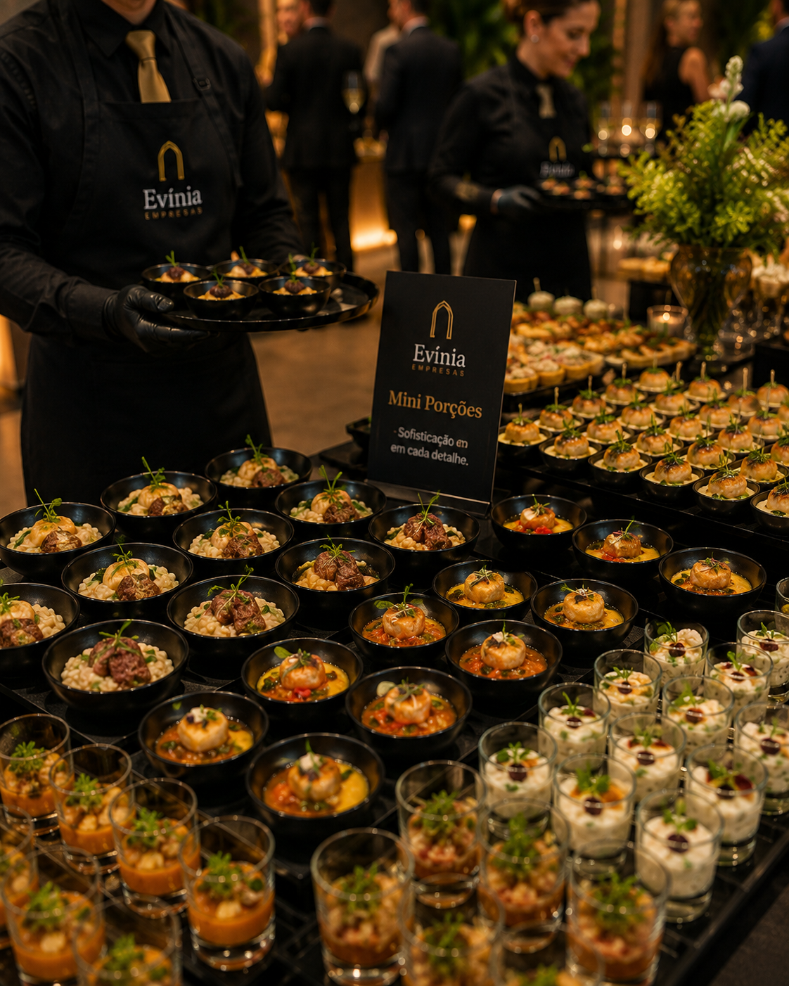 Mini porções finalizadas para serviço de coquetel Evínia