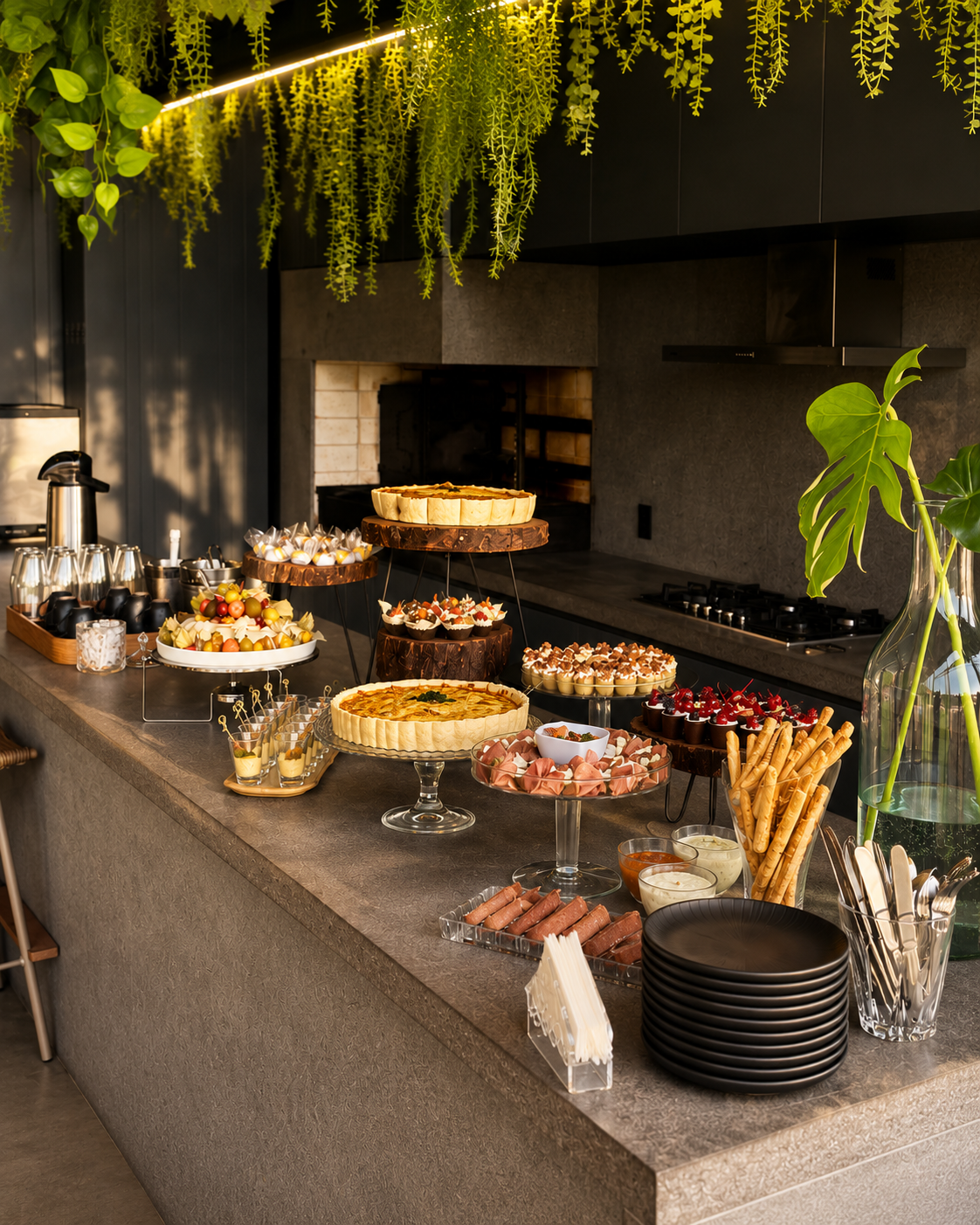 Mesa buffet montada pela Evínia para evento corporativo