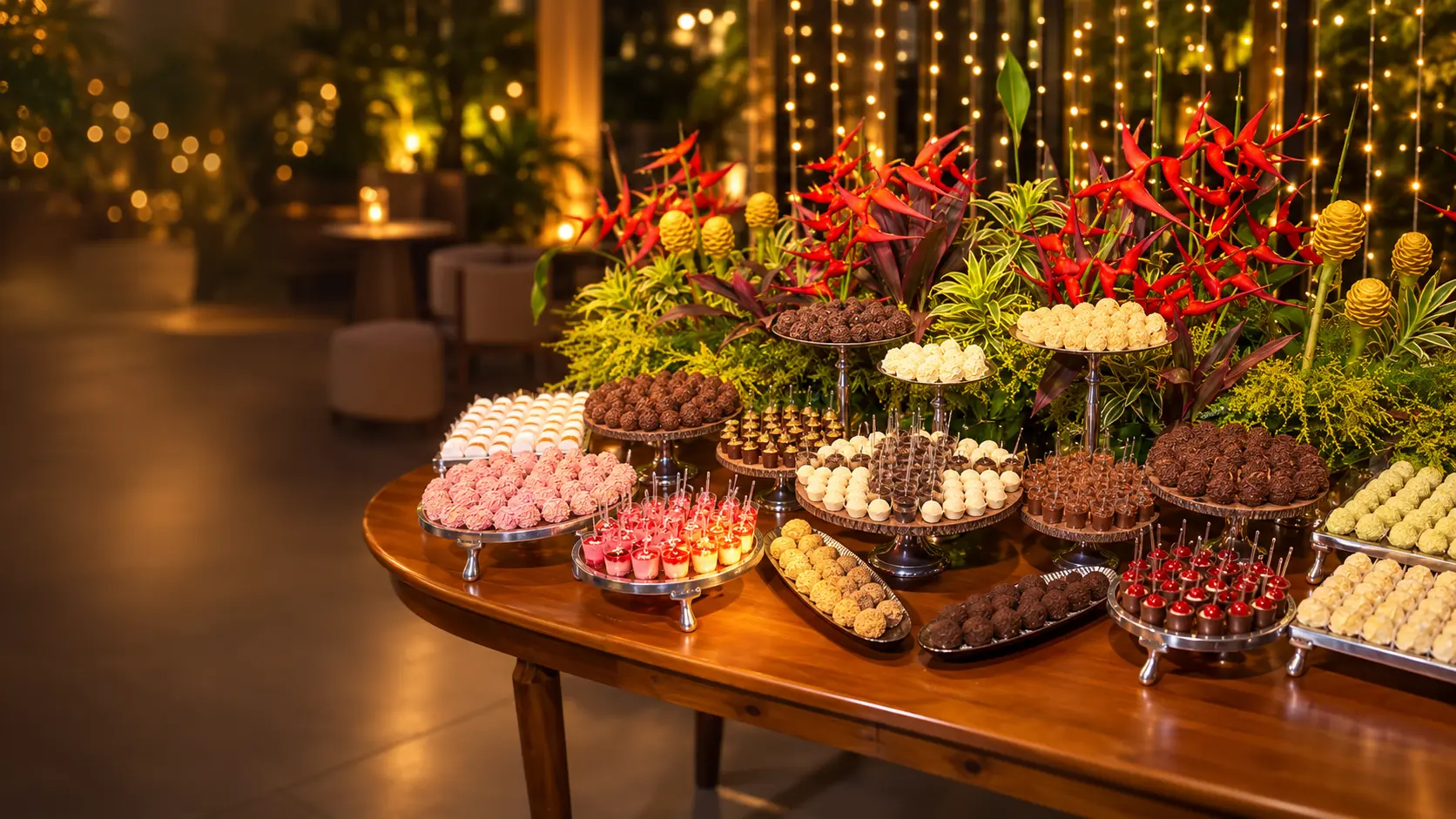 Mesa de doces e produtos Evínia preparada para um grande evento