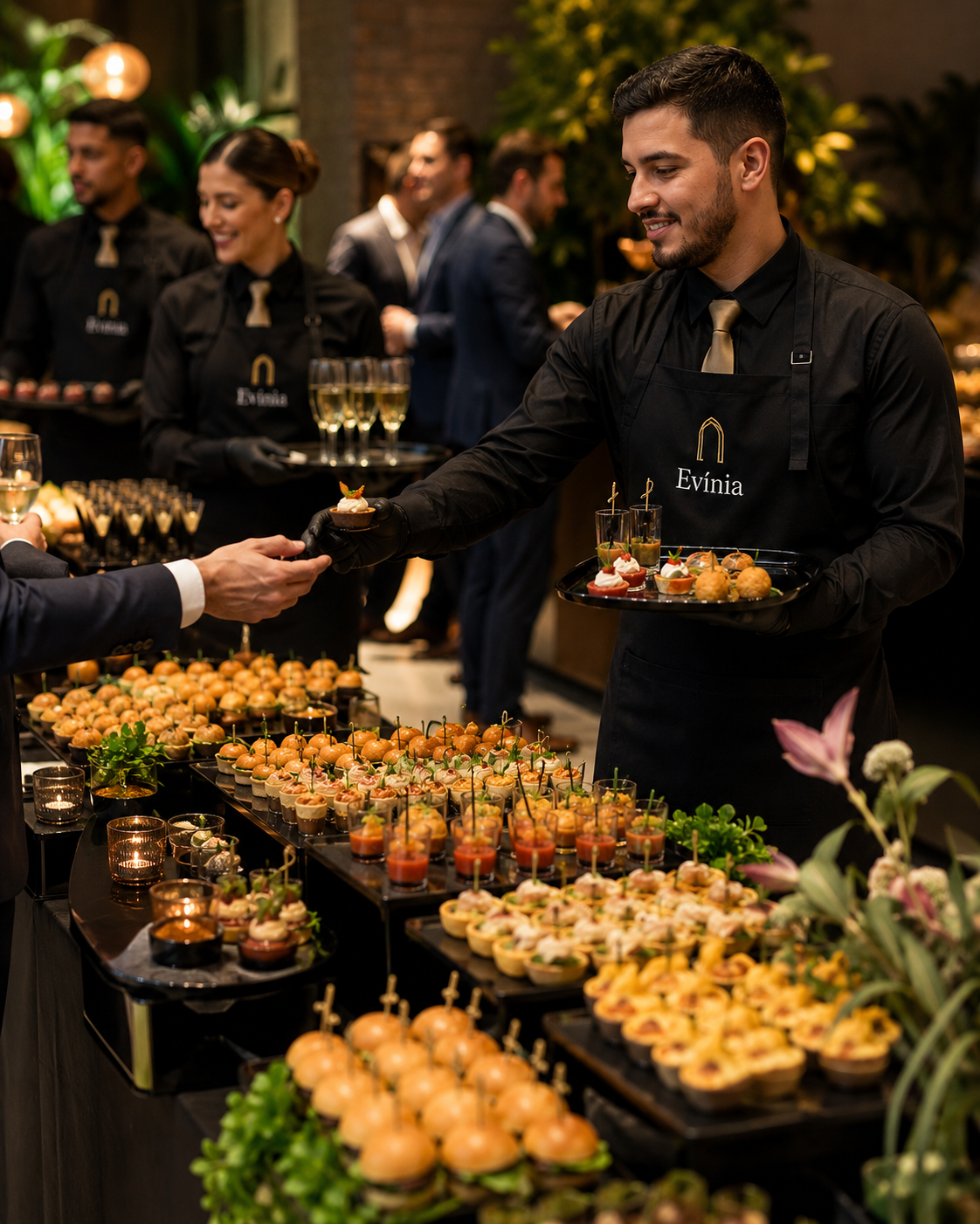 Salgados finos da produção própria Evínia servidos em coquetel